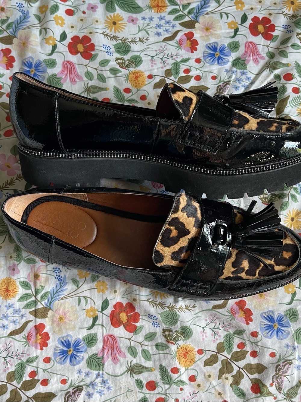 Franco Sarto Black Patent Platform Loafers with Calf Hair Leopard Accent